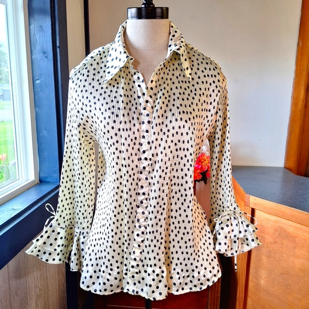 Essentials by Milano Satin Pleated Polka-Dot Blouse , Size Large, RN#109905